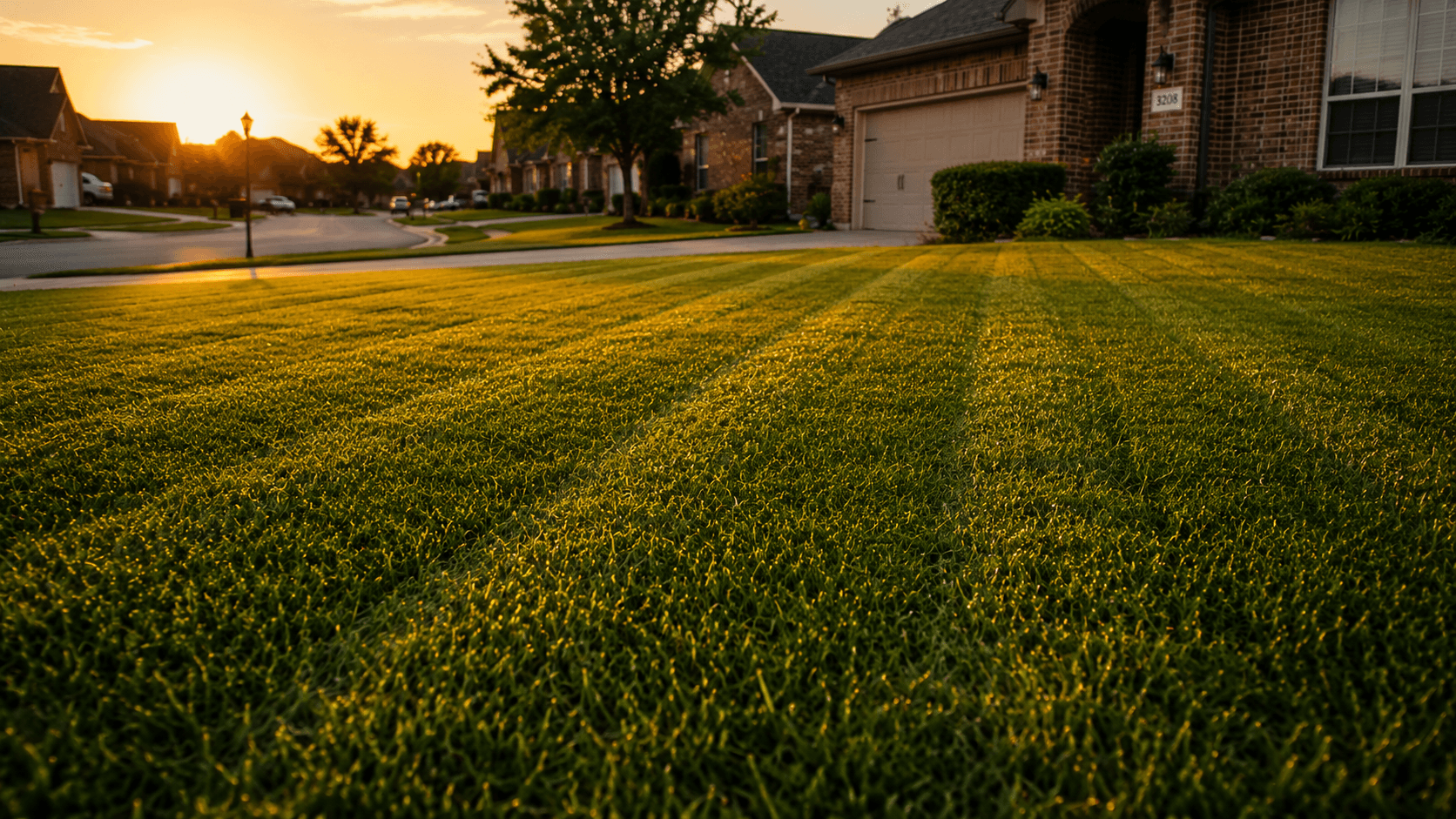 Freshly mowed suburban lawn with professional stripes